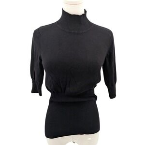 Black Mock Neck Sweater Ribbed Fitted 3/4 Sleeve Express M Minimal Work Office